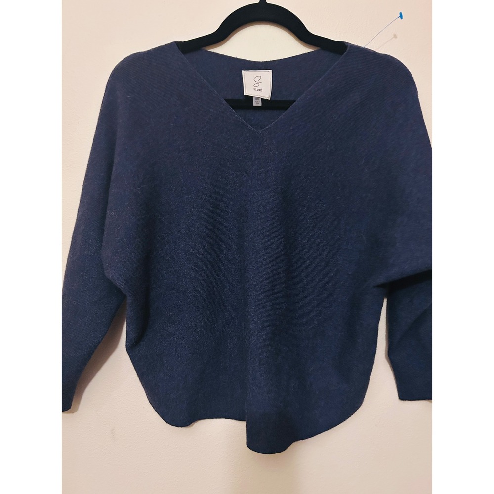 Sioni Sweater Women XS Navy Blue Excellent Batwing V-Neck Relaxed cahsmere Knit